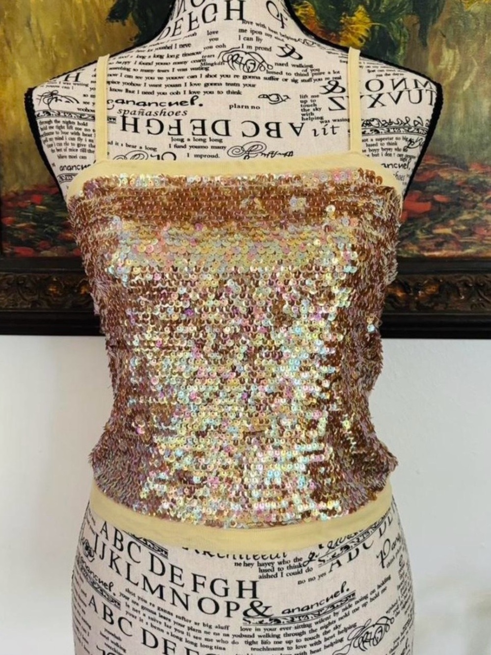 Y2K gold sequin micromesh top